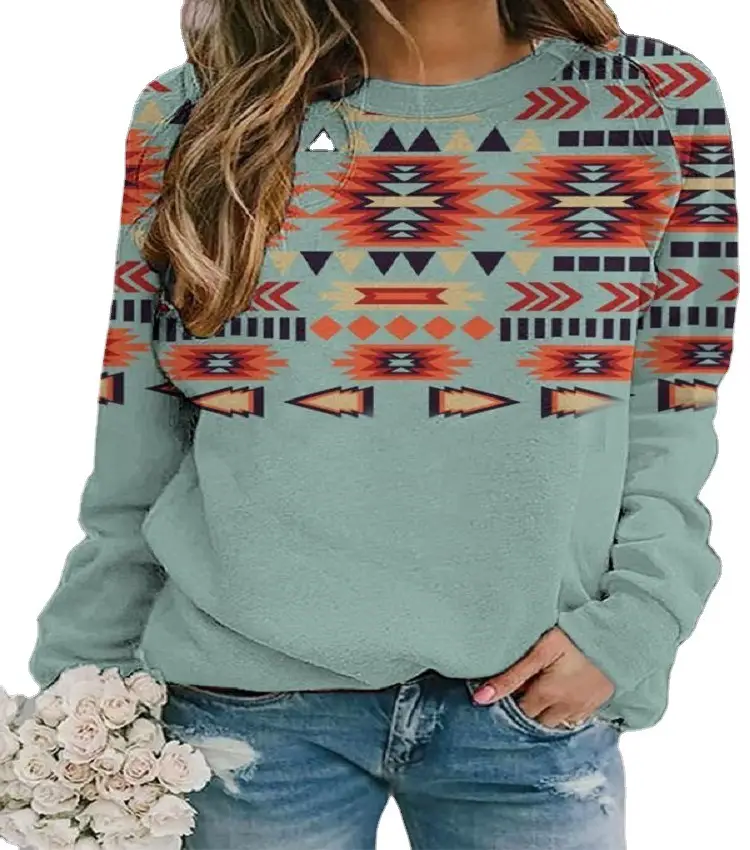 Women's 2021 Geometric Print Sweater Teal Long Sleeve
