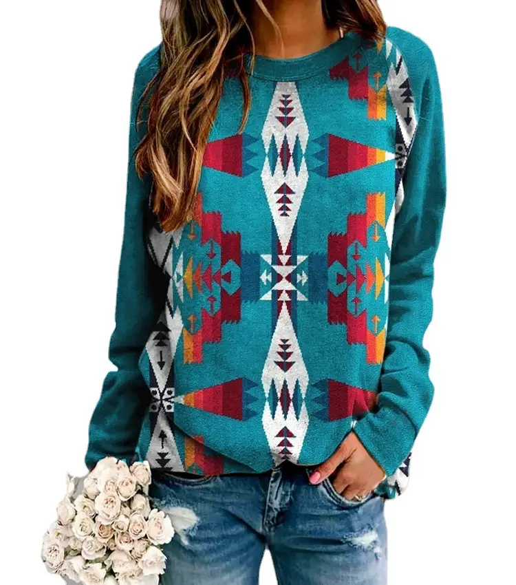 Women's 2021 Geometric Print Sweater Teal Red White - Image 4
