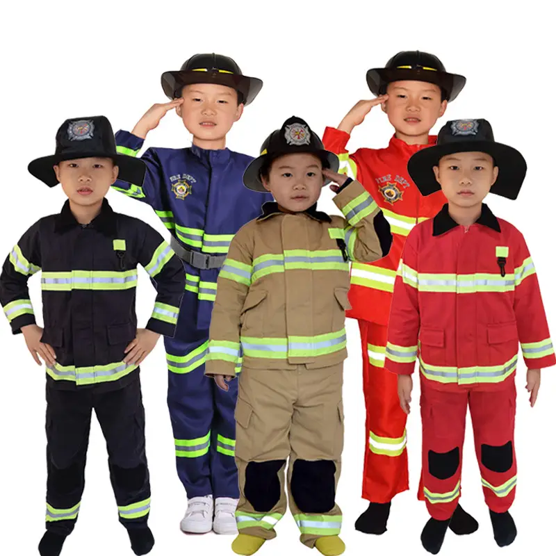 Children Firefighter Suit Tan Neon Stripes Zipper Jacket Pants Set - Image 10