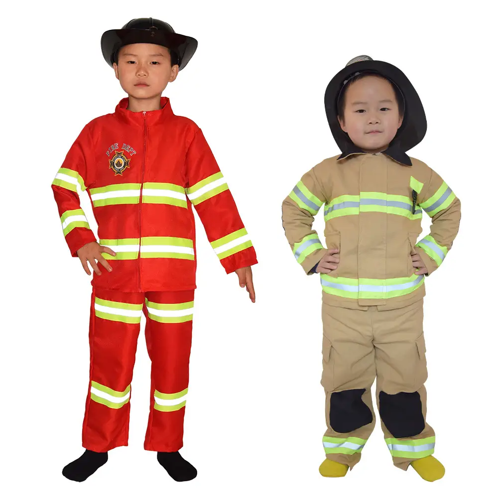 Children Firefighter Suit Tan Neon Stripes Zipper Jacket Pants Set - Image 11