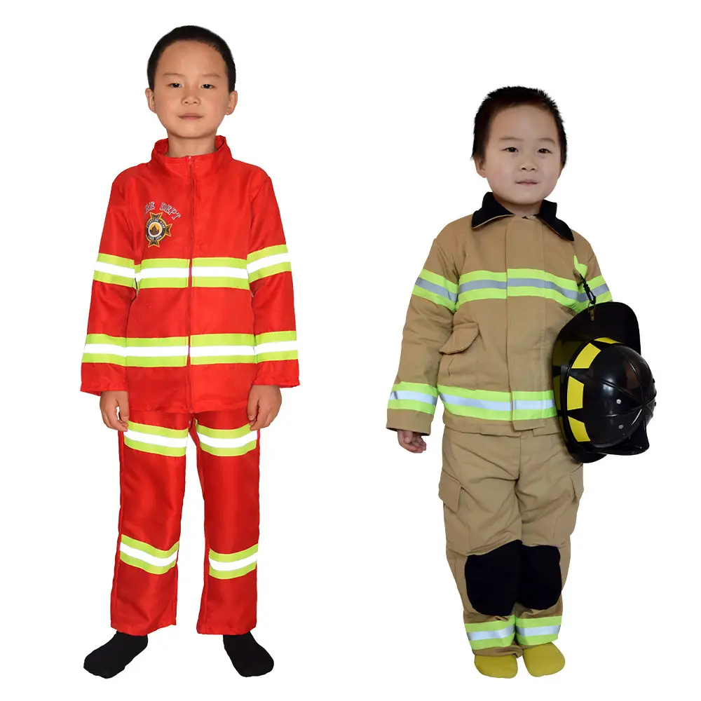 Children Firefighter Suit Tan Neon Stripes Zipper Jacket Pants Set - Image 13