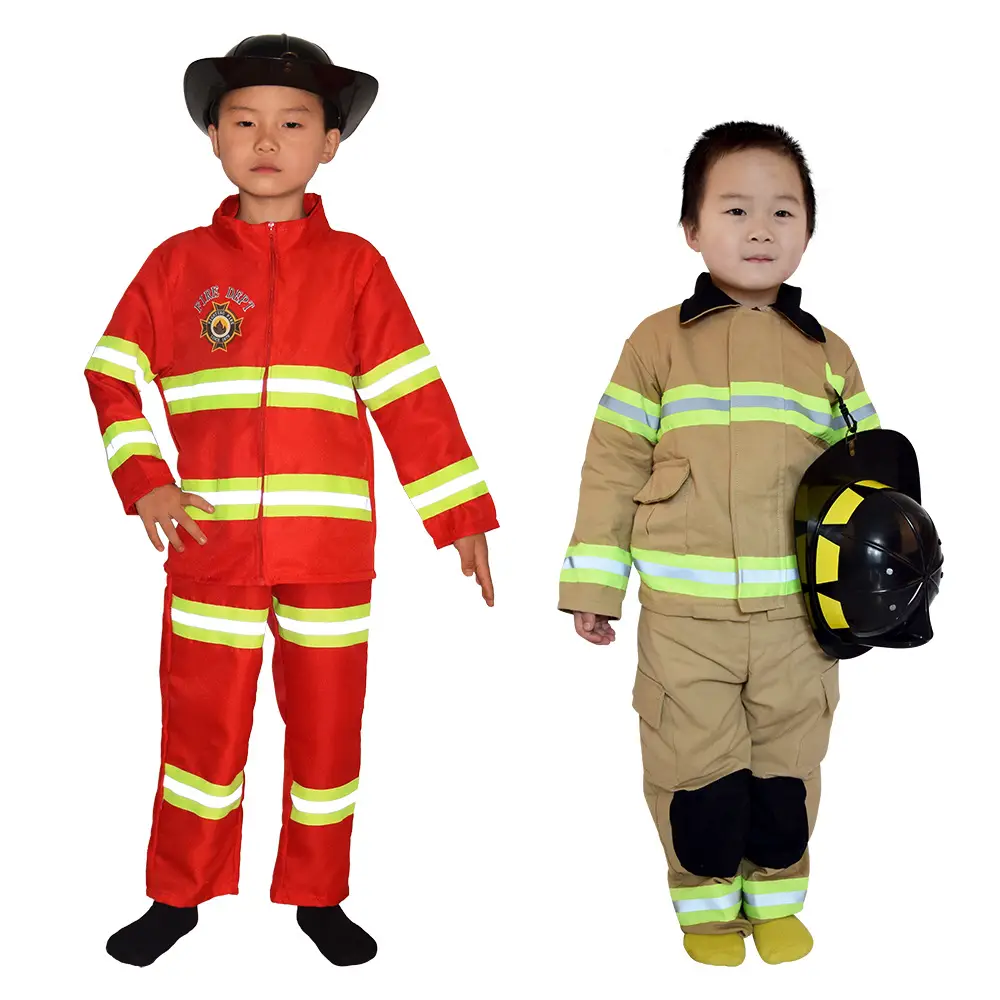 Children Firefighter Suit Tan Neon Stripes Zipper Jacket Pants Set - Image 14