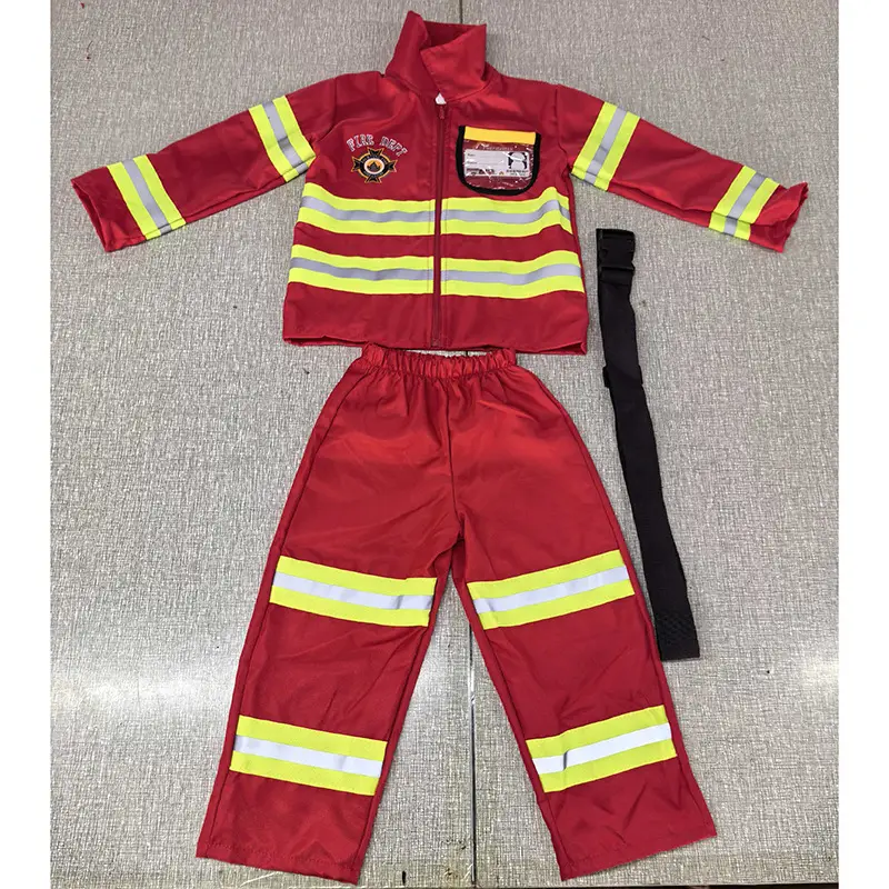 Children Firefighter Suit Tan Neon Stripes Zipper Jacket Pants Set - Image 8