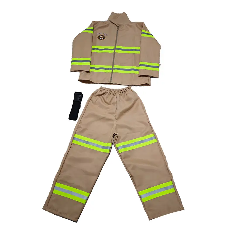 Children Firefighter Suit Tan Neon Stripes Zipper Jacket Pants Set - Image 9