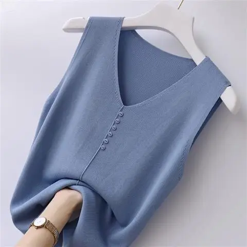 Women's Ice Silk V-Neck Vest Pink Small Button Knit Sleeveless Top - Image 4
