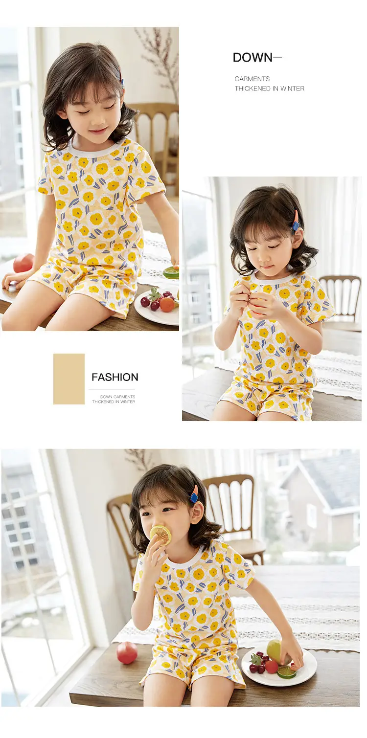 Children Cotton Printed Shorts Set Yellow Summer Pajamas — feature 19