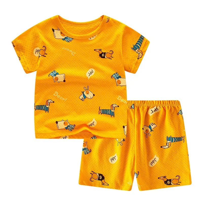 Children Cotton Printed Shorts Set Yellow Summer Pajamas