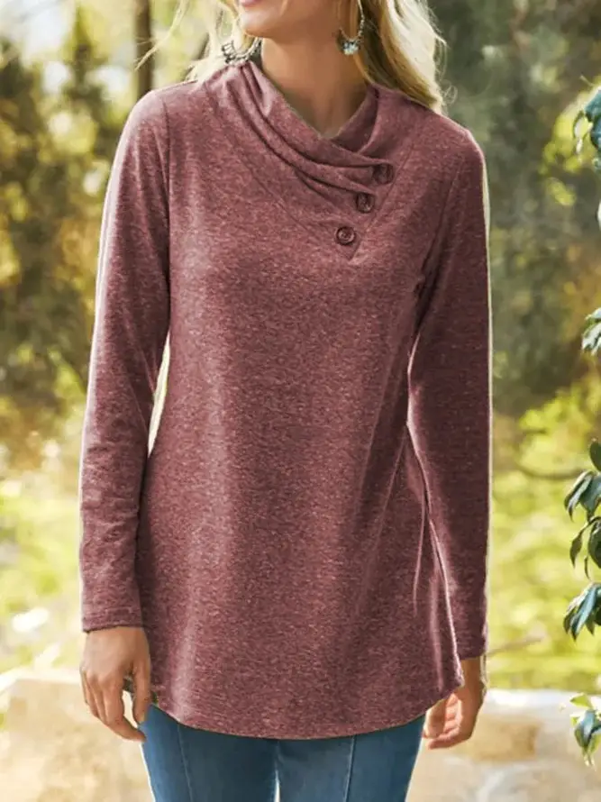 Women Blue Pile Collar T-Shirt Long Sleeve Buttoned