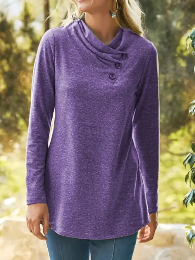Women Blue Pile Collar T-Shirt Long Sleeve Buttoned