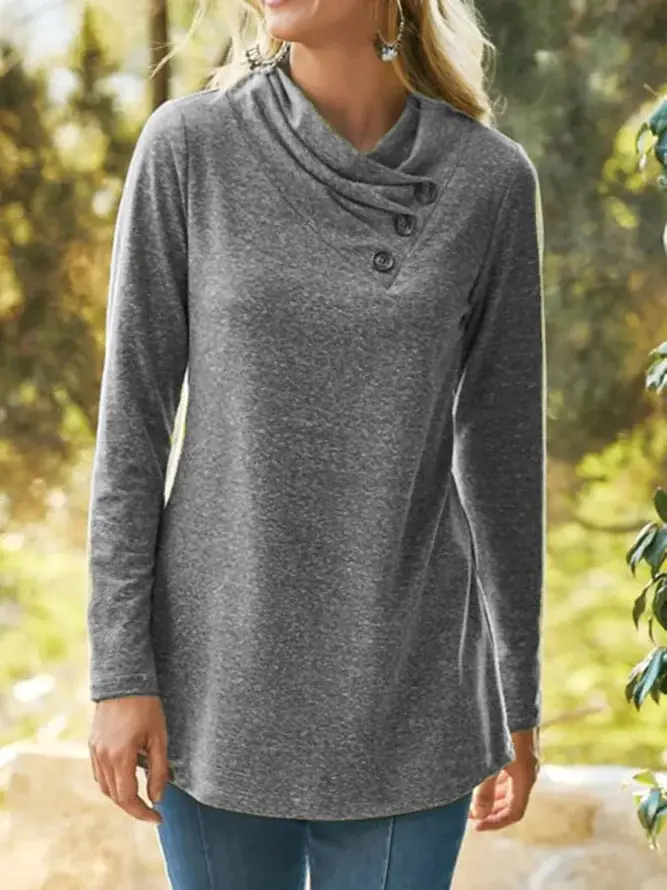 Women Blue Pile Collar T-Shirt Long Sleeve Buttoned