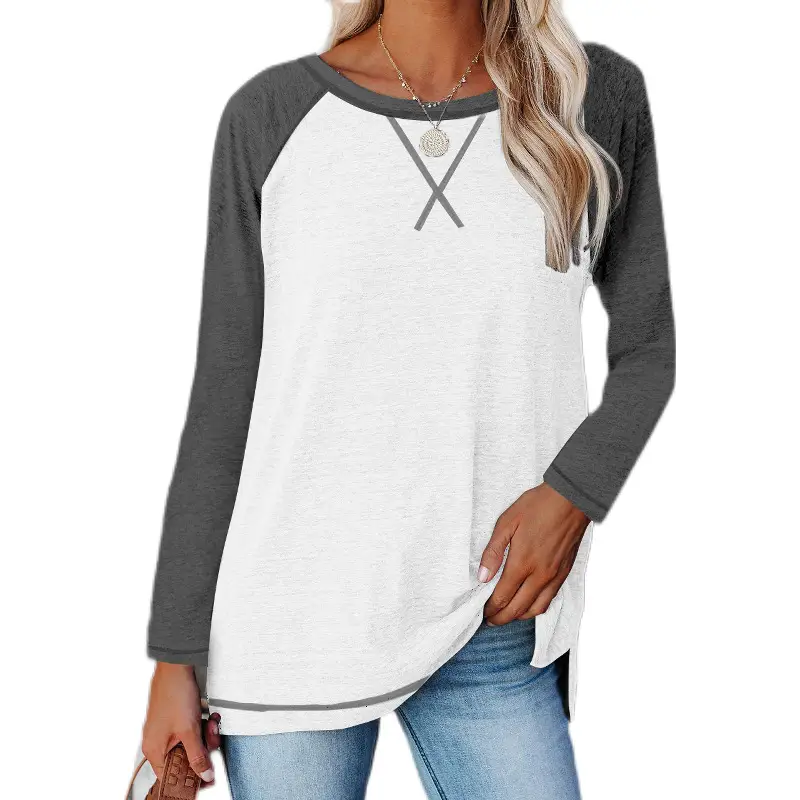 Women's Crossbody T-Shirt Maroon Grey Long Sleeve - Image 9