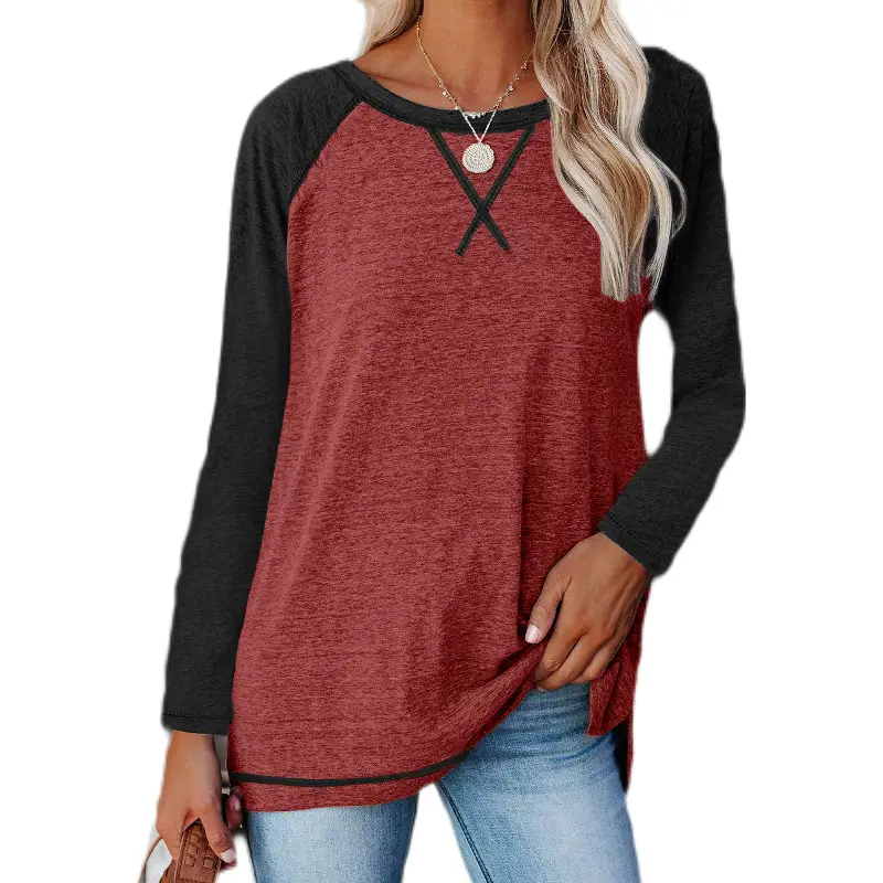 Women's Crossbody T-Shirt Maroon Grey Long Sleeve - Image 12