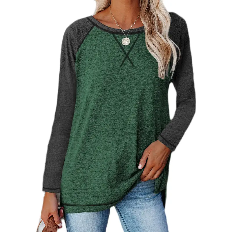 Women's Crossbody T-Shirt Maroon Grey Long Sleeve - Image 2