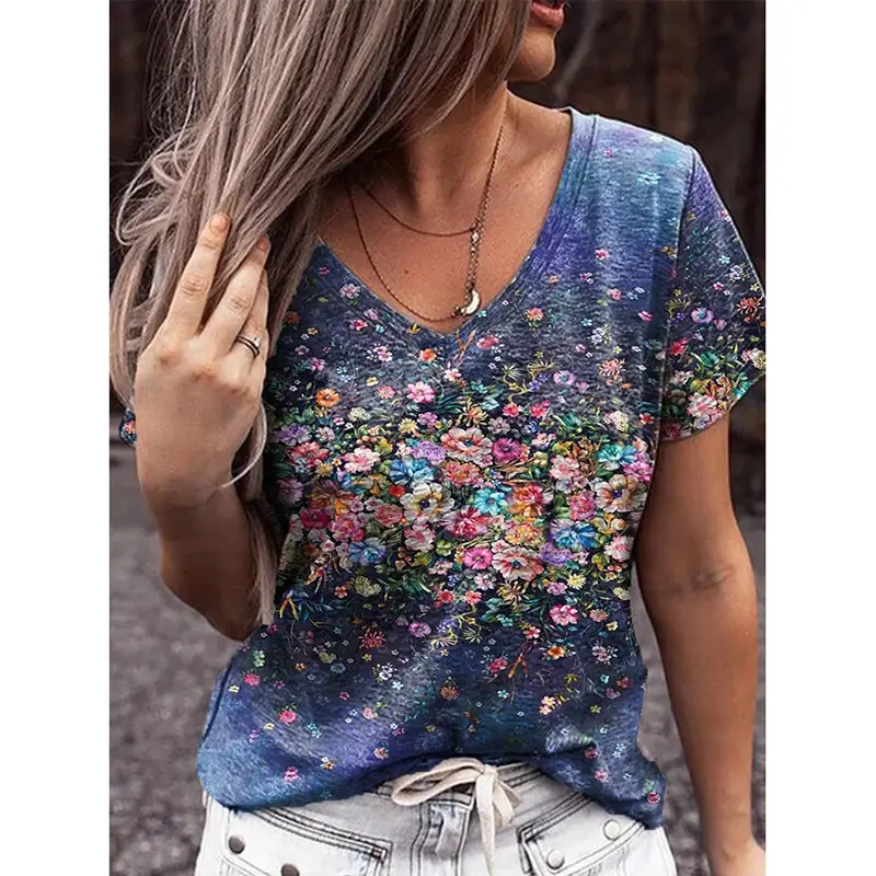 Women Floral V-Neck T-Shirt 2022 Summer Casual Top - Image 6