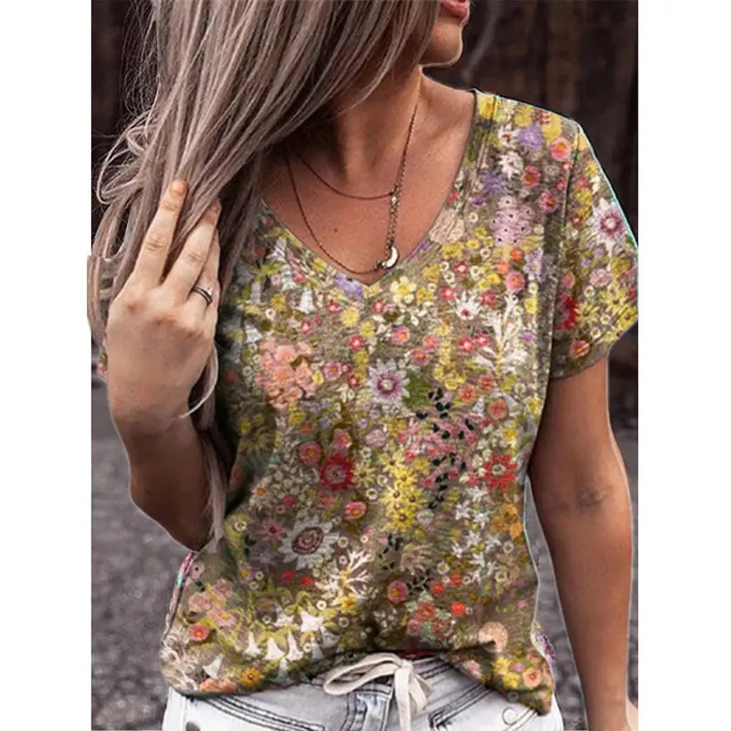 Women Floral V-Neck T-Shirt 2022 Summer Casual Top - Image 7