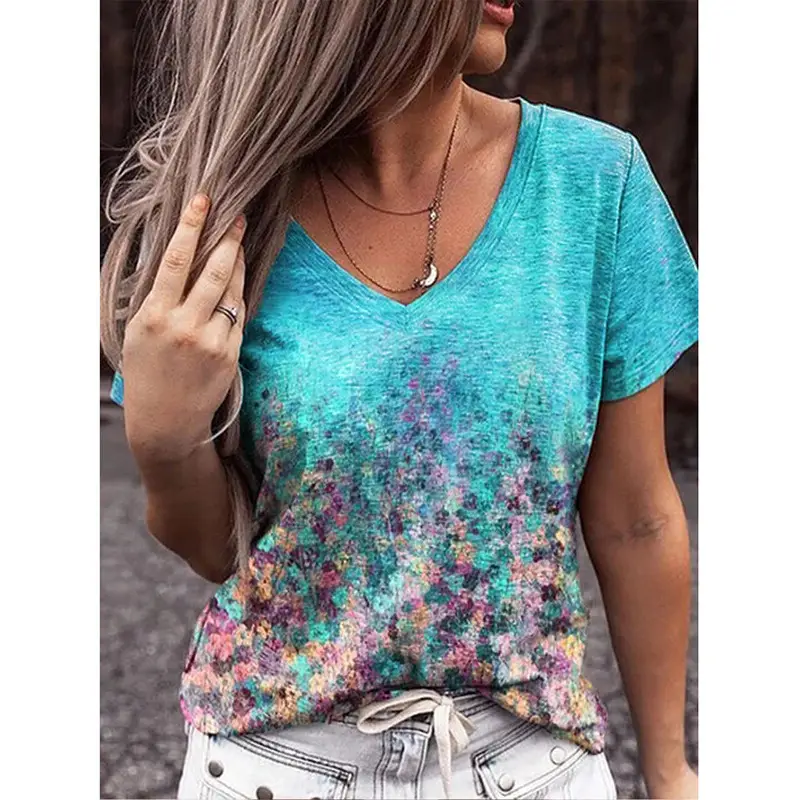 Women Floral V-Neck T-Shirt 2022 Summer Casual Top - Image 3