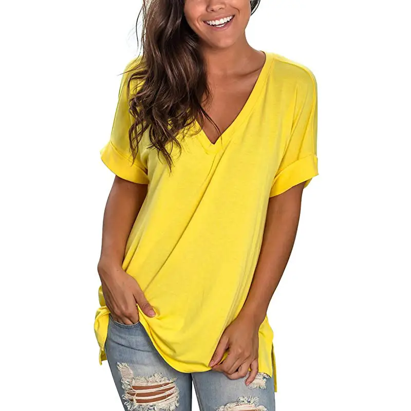 2025 V-Neck Yellow T-Shirt Side Slit Short Sleeve - Image 12