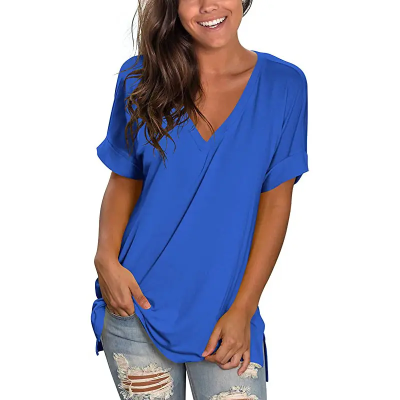 2025 V-Neck Yellow T-Shirt Side Slit Short Sleeve - Image 13