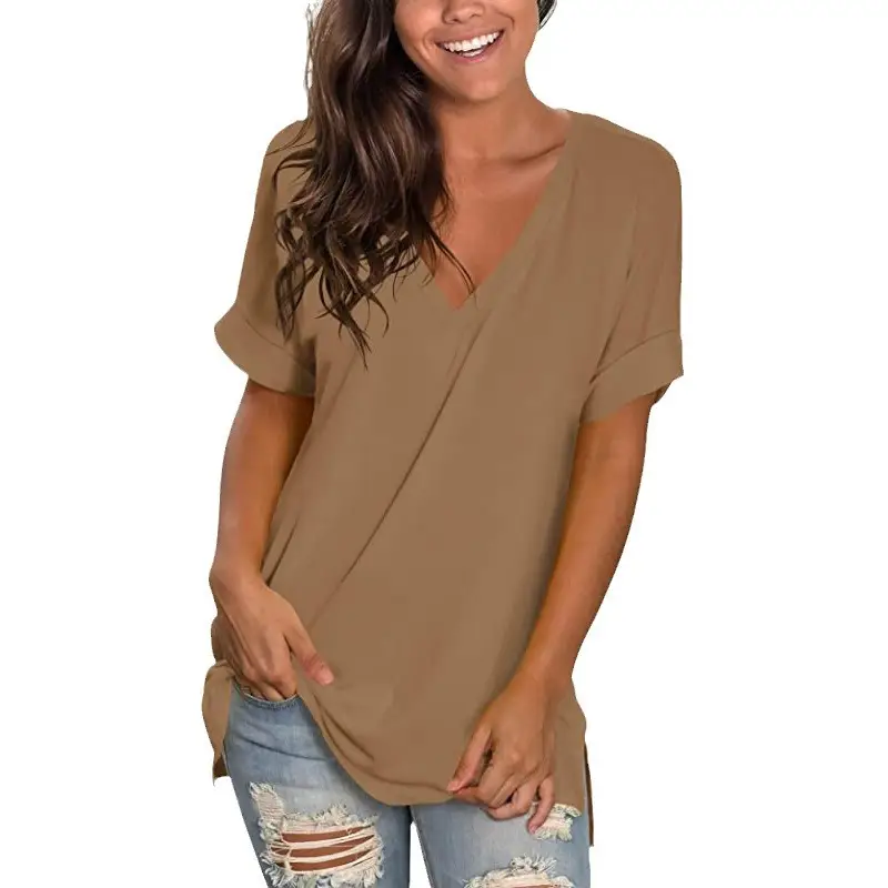 2025 V-Neck Yellow T-Shirt Side Slit Short Sleeve - Image 14