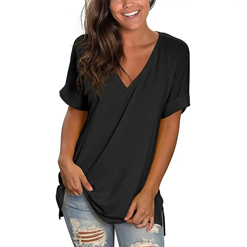 2025 V-Neck Yellow T-Shirt Side Slit Short Sleeve - Image 2
