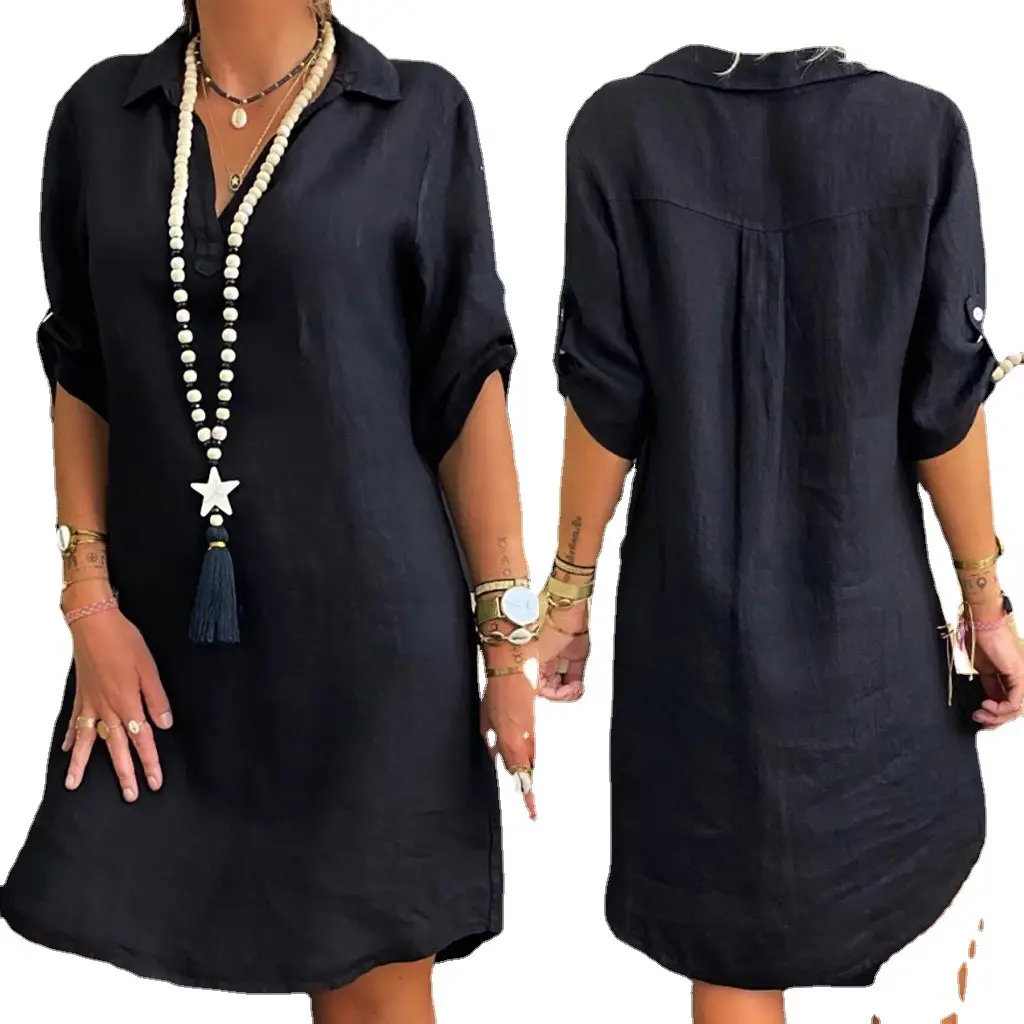 Nordic Style Rayon Shirt Dress Black Large - Image 10