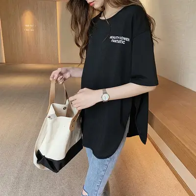 White Slit T-Shirt Women Large Mid Sleeve Letter Print