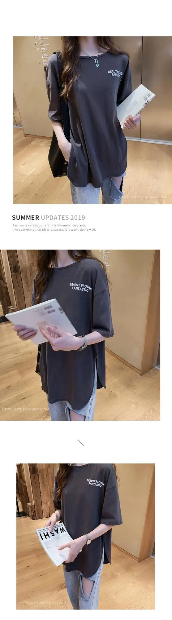 White Slit T-Shirt Women Large Mid Sleeve Letter Print — feature 11