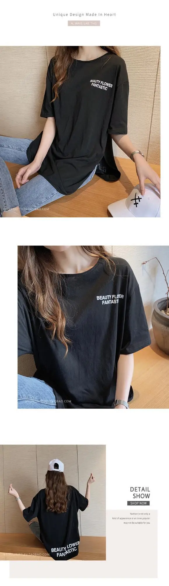 White Slit T-Shirt Women Large Mid Sleeve Letter Print — feature 9