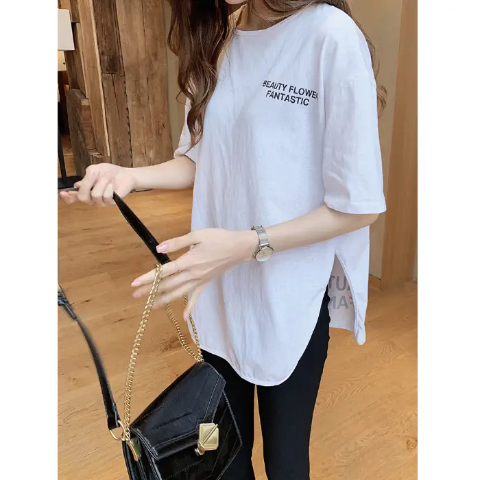 White Slit T-Shirt Women Large Mid Sleeve Letter Print