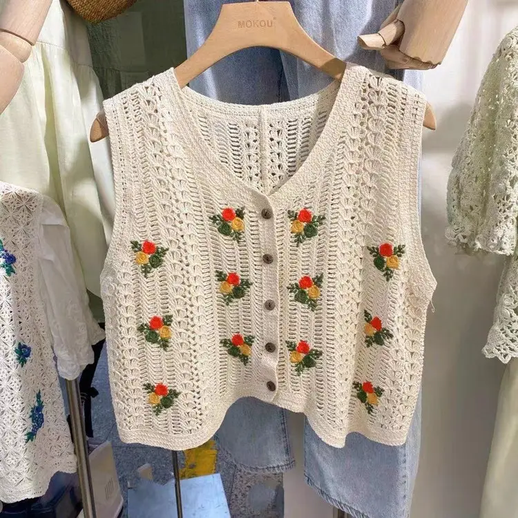 White Crochet V-Neck Knitted Vest with Embroidered Details - Image 6