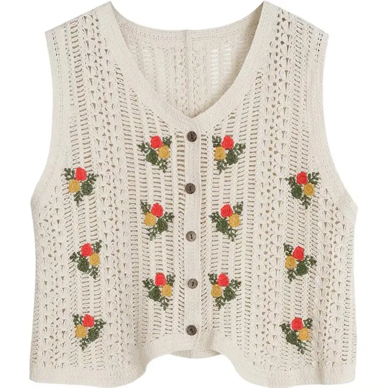 White Crochet V-Neck Knitted Vest with Embroidered Details - Image 9