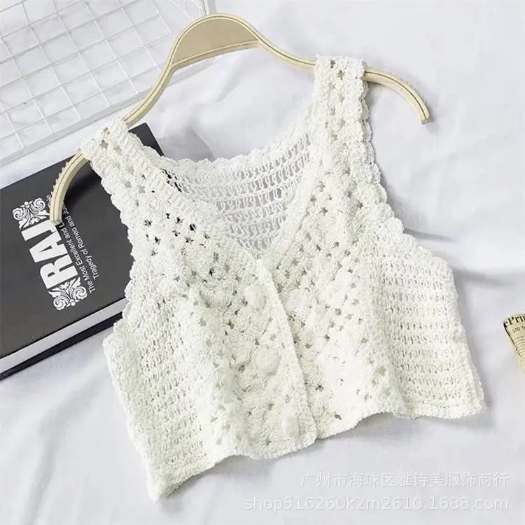 White Crochet V-Neck Knitted Vest with Embroidered Details - Image 3