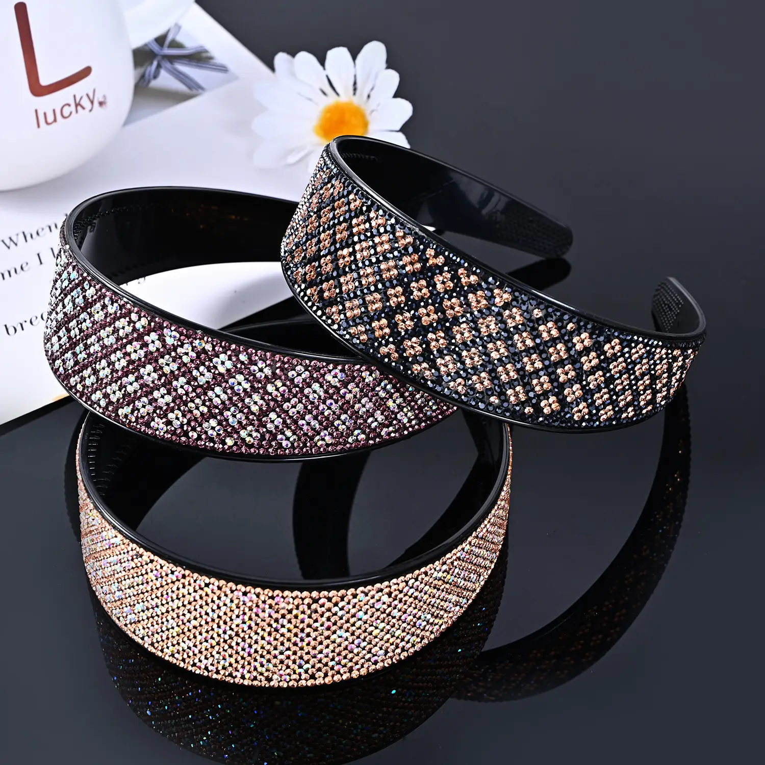 Full Diamond Rhinestone Wide Hoop Black White