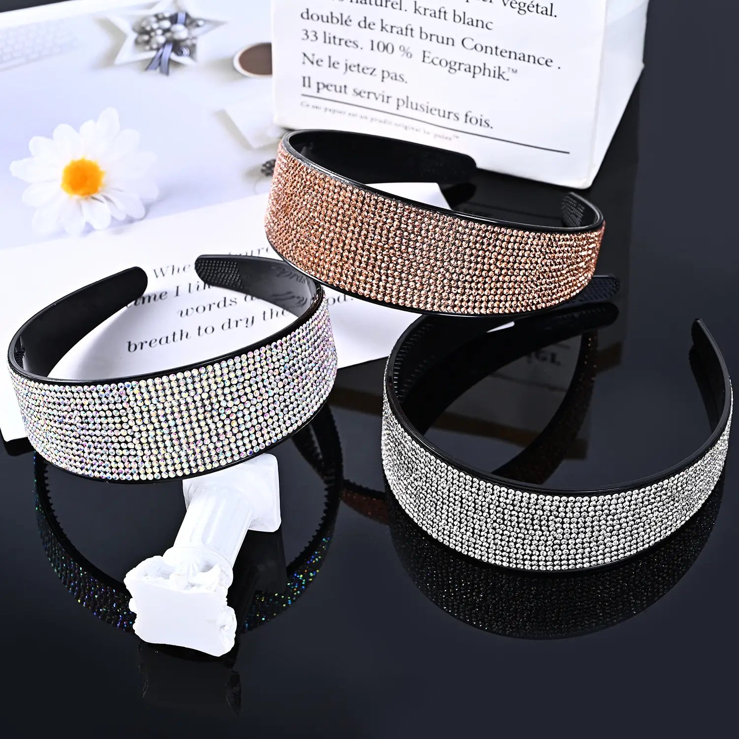 Full Diamond Rhinestone Wide Hoop Black White