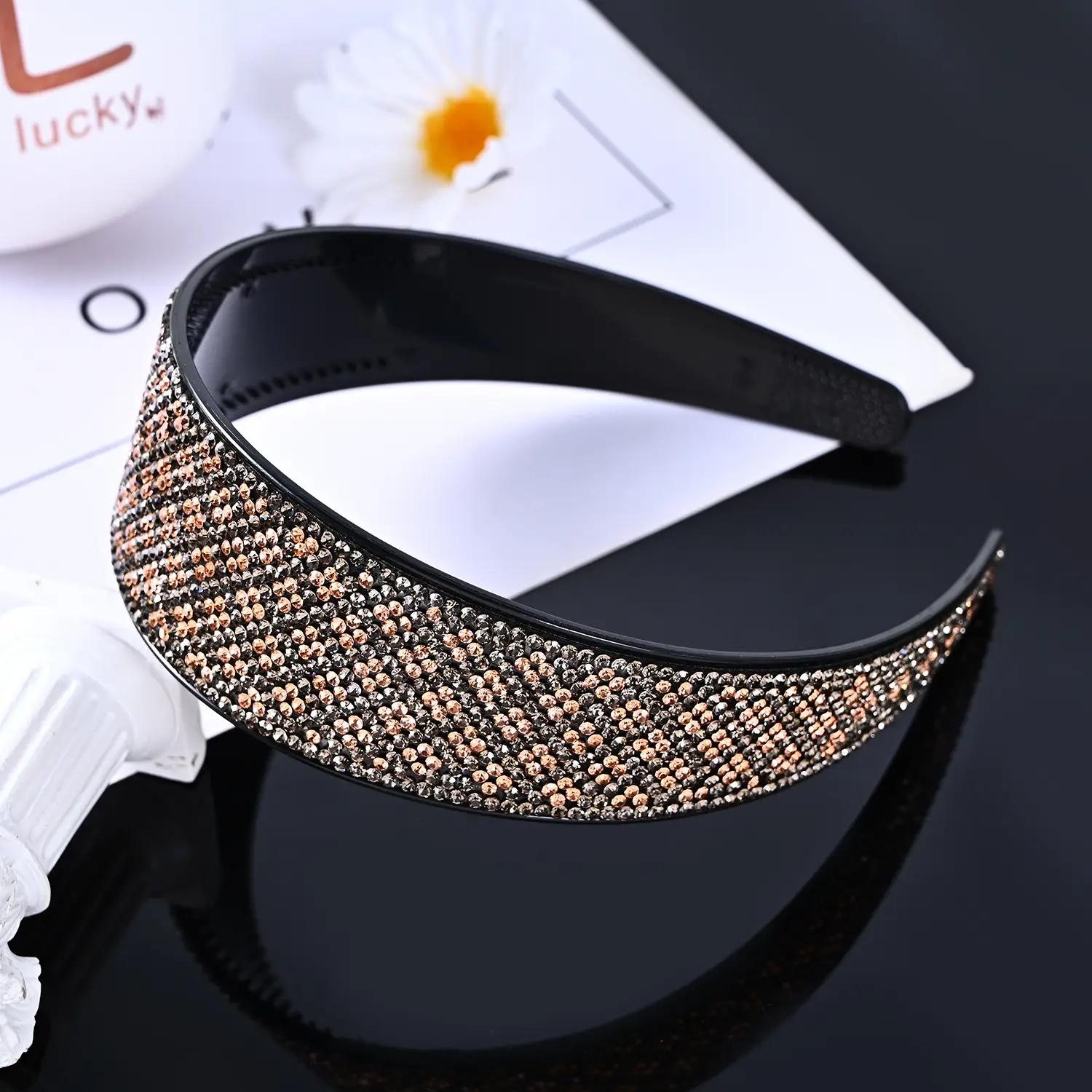 4cm Plum Blossom full diamond hairband [Transparent Gray/Champagne Diamond]]