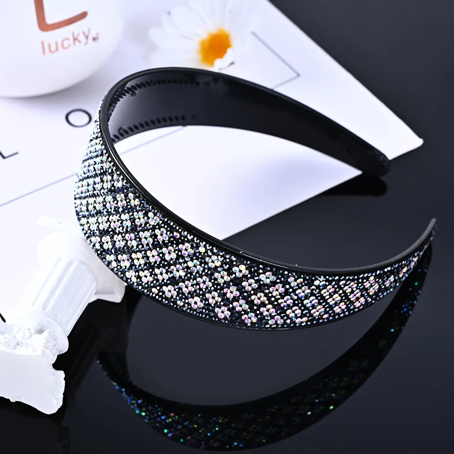 4cm Plum Blossom full drill hairband [Navy blue/AB color drill]]