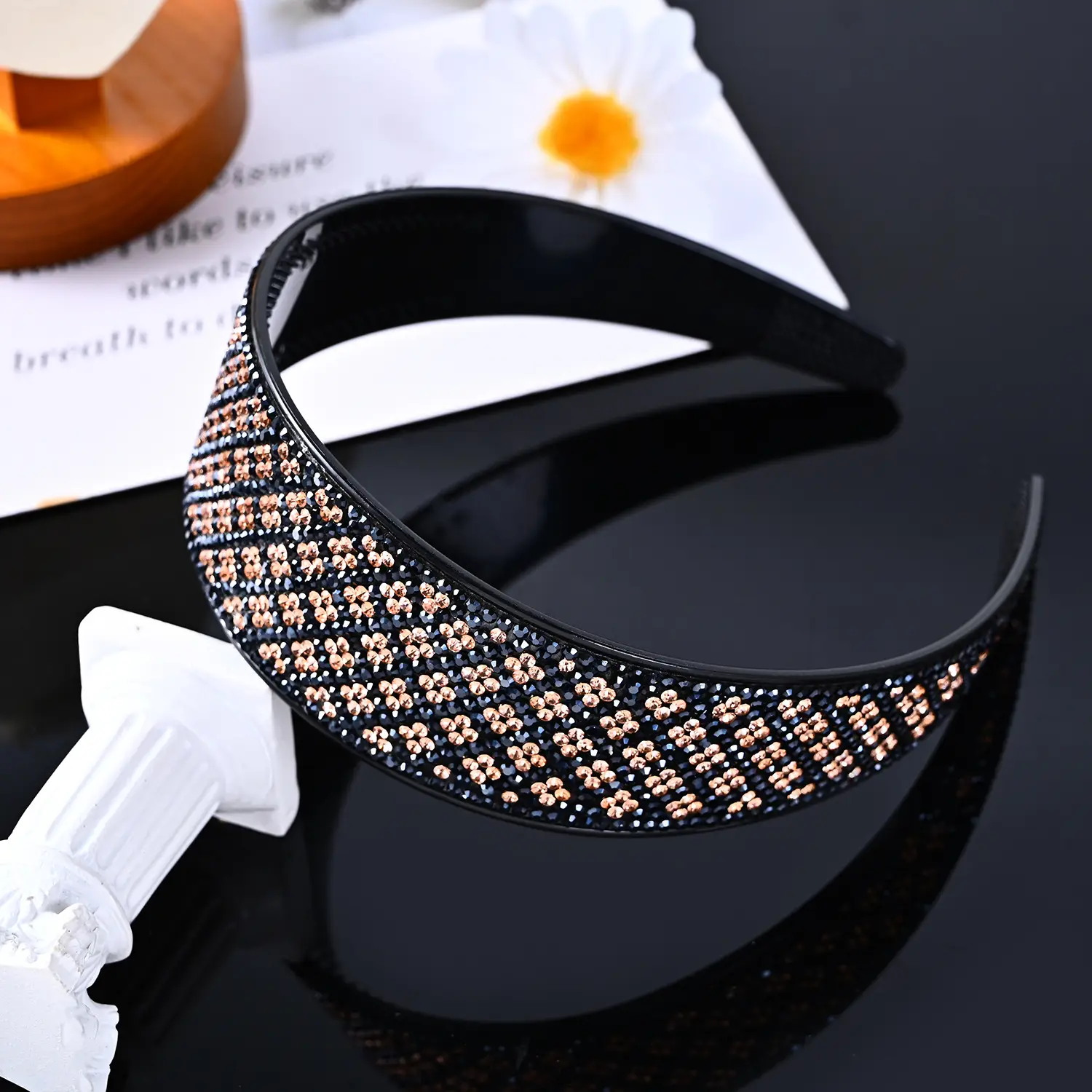 4cm Plum Blossom full diamond hairband [Navy blue/Champagne Diamond]]