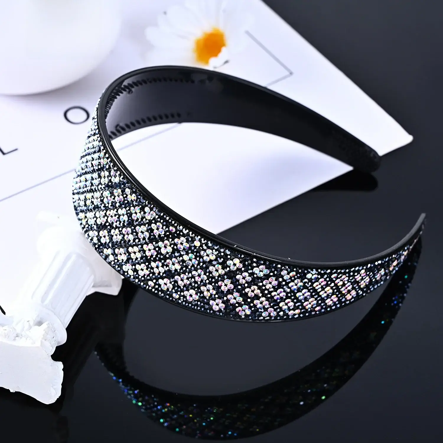 Full Diamond Rhinestone Wide Hoop Black White