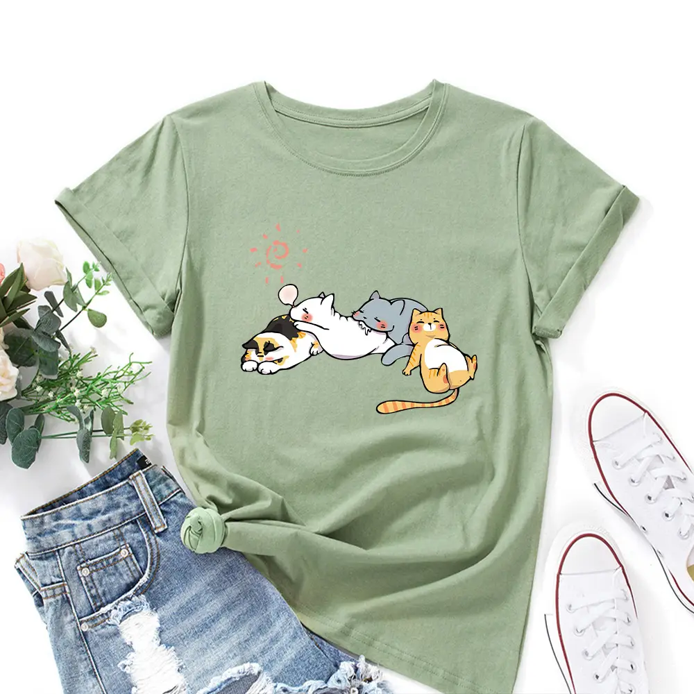 Women's Pink Cat Print T-Shirt Loose Fit Short Sleeve - Image 11