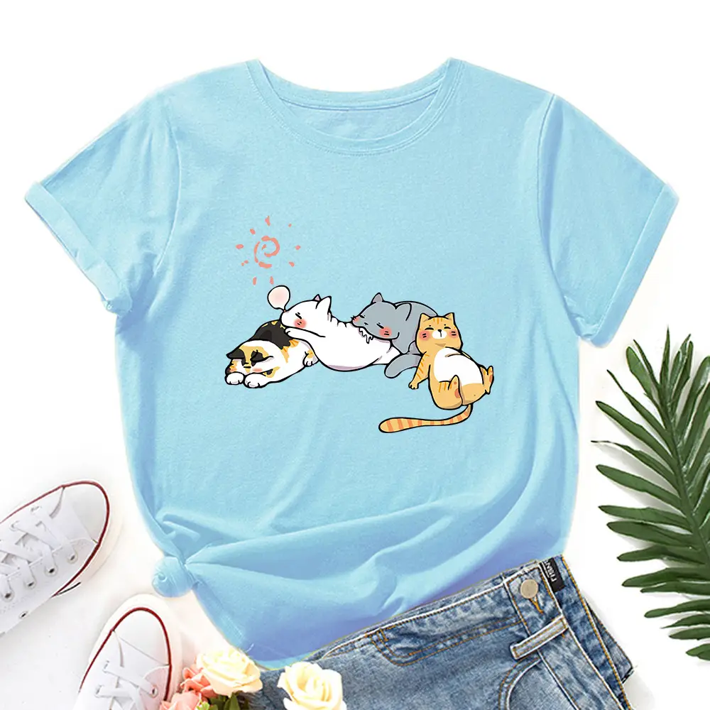 Women's Pink Cat Print T-Shirt Loose Fit Short Sleeve - Image 13