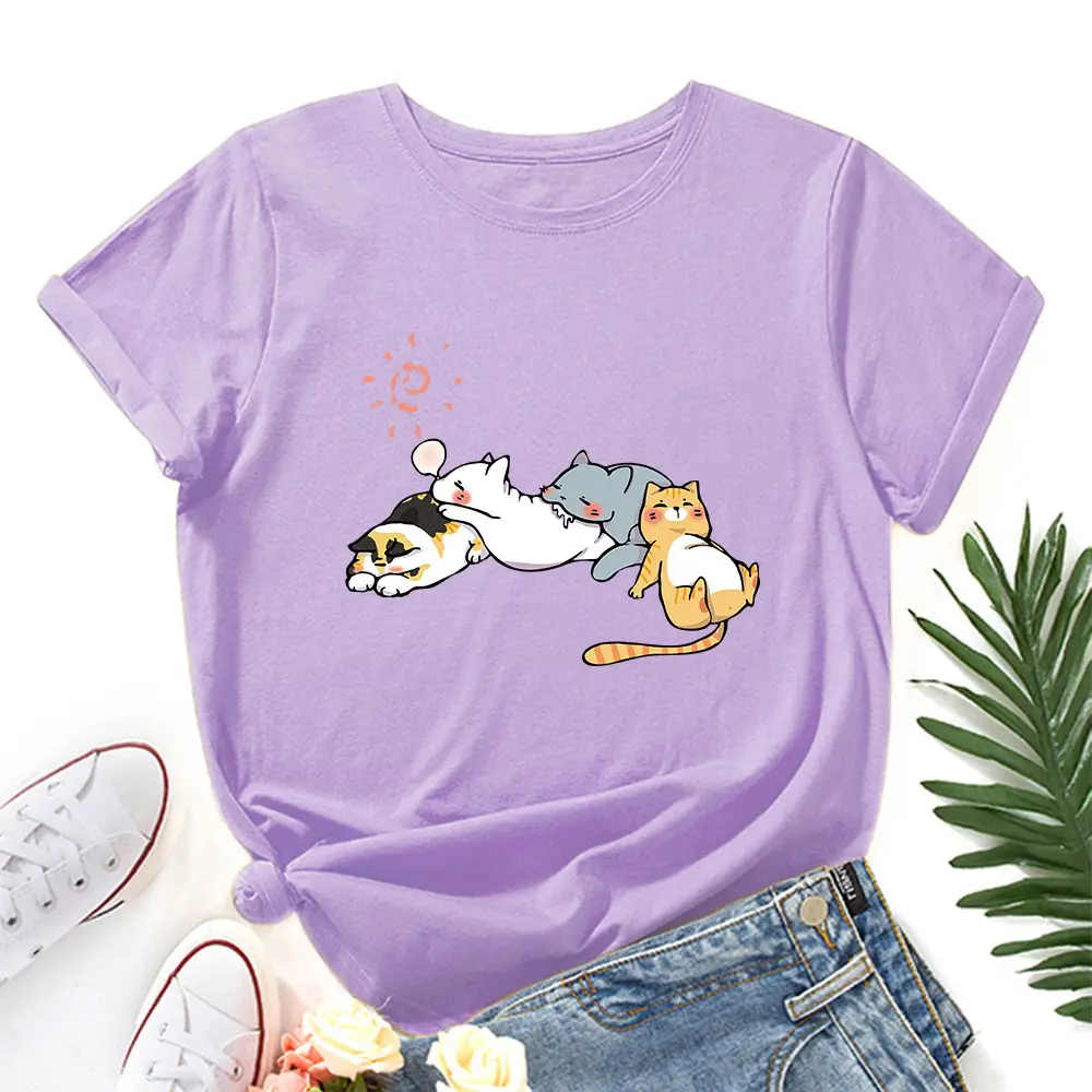 Women's Pink Cat Print T-Shirt Loose Fit Short Sleeve - Image 14