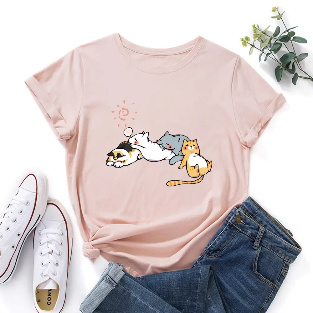 Women's Pink Cat Print T-Shirt Loose Fit Short Sleeve - Image 15
