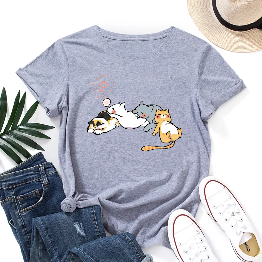 Women's Pink Cat Print T-Shirt Loose Fit Short Sleeve - Image 10