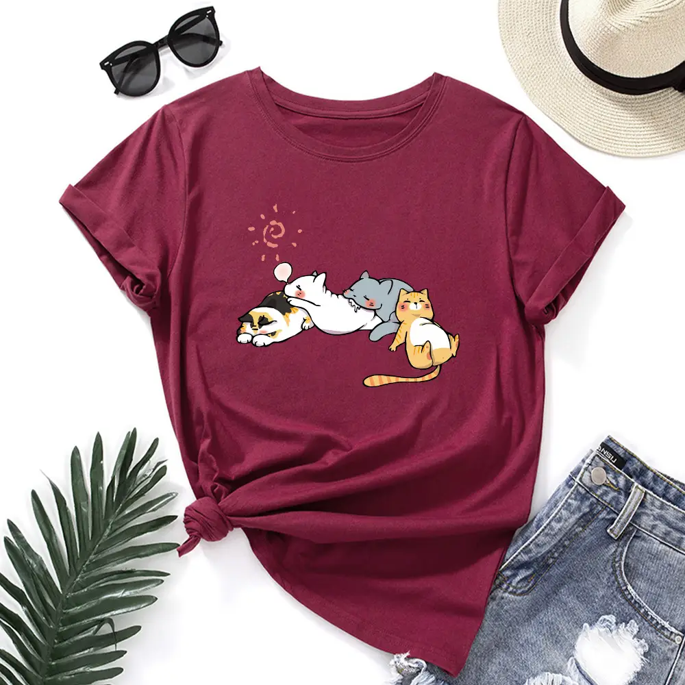 Women's Pink Cat Print T-Shirt Loose Fit Short Sleeve - Image 12