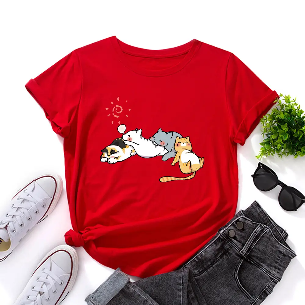 Women's Pink Cat Print T-Shirt Loose Fit Short Sleeve - Image 2