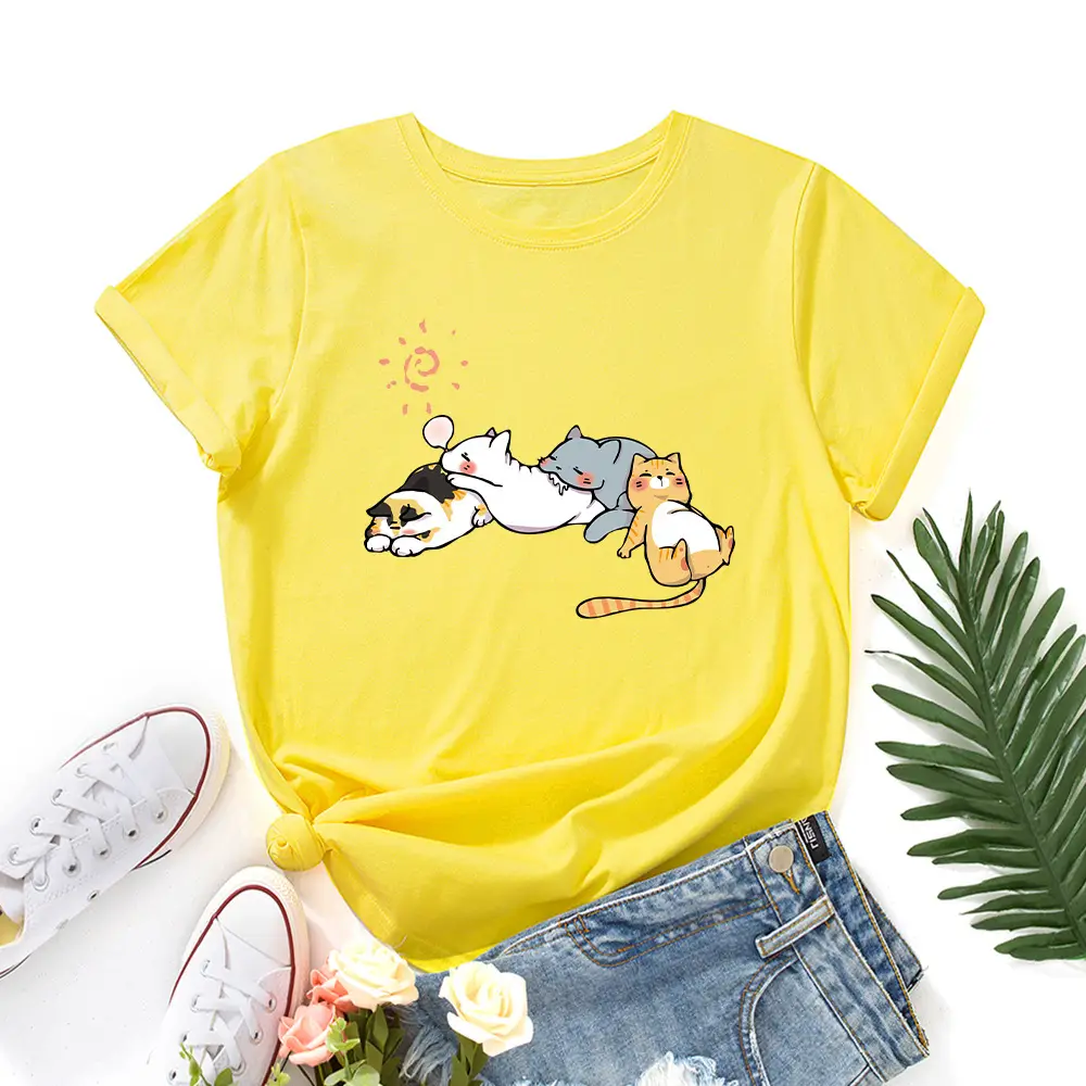 Women's Pink Cat Print T-Shirt Loose Fit Short Sleeve - Image 3