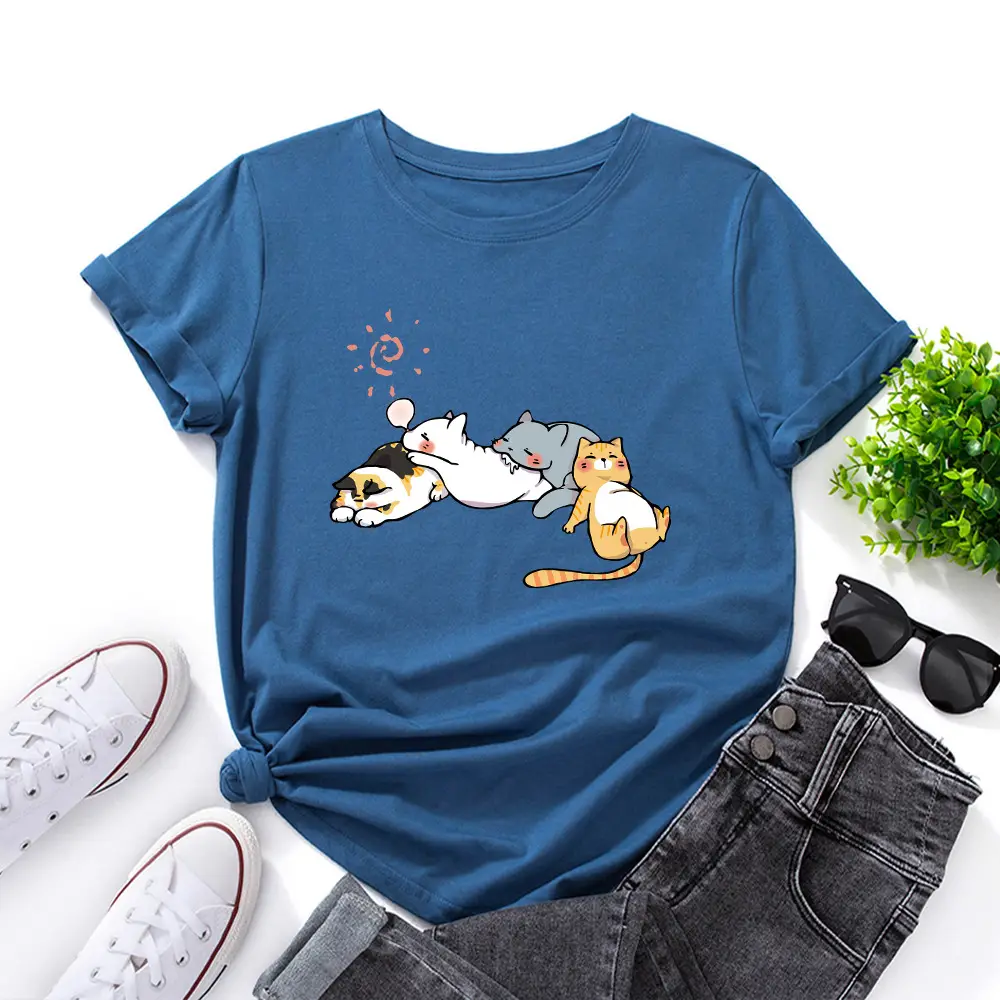 Women's Pink Cat Print T-Shirt Loose Fit Short Sleeve - Image 5