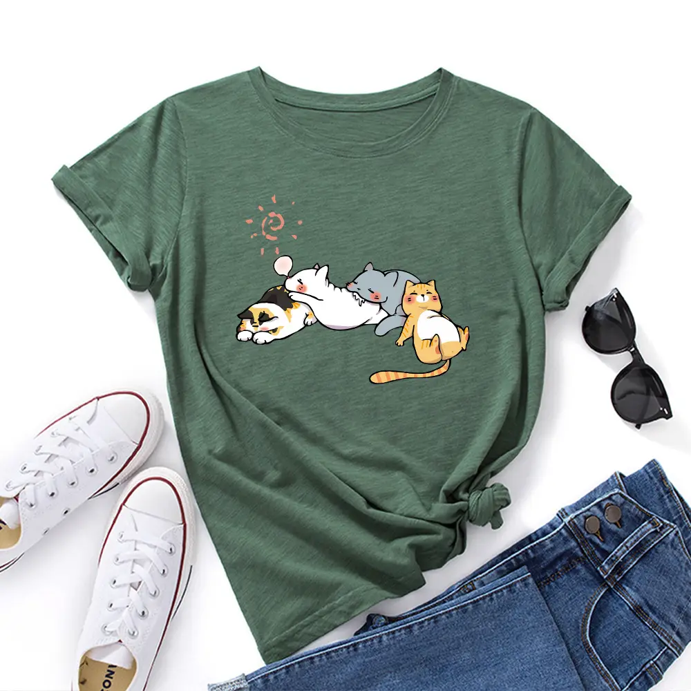 Women's Pink Cat Print T-Shirt Loose Fit Short Sleeve - Image 6