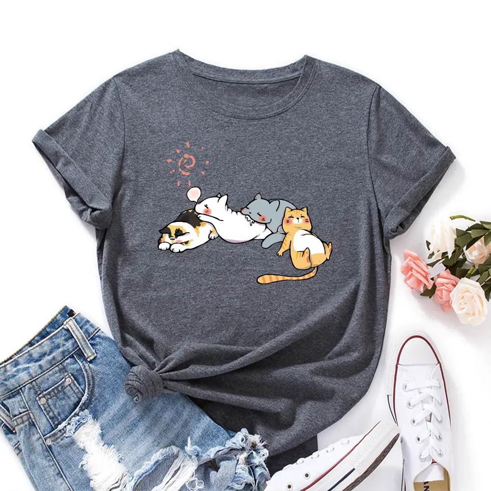 Women's Pink Cat Print T-Shirt Loose Fit Short Sleeve - Image 7