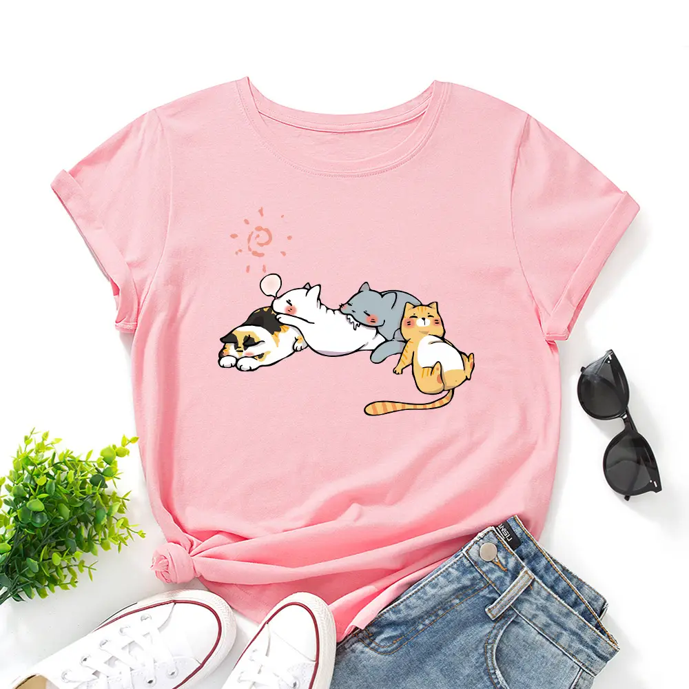 Women's Pink Cat Print T-Shirt Loose Fit Short Sleeve - Image 8